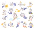 Cute Cat Mermaid with Fish Tail and Unicorn with Horn and Rainbow Tail Big Vector Set Royalty Free Stock Photo