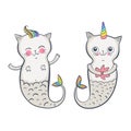 Cute cat mermaid, vector doodle illustration for kids. Happy twins. vector illustration