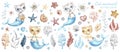 Cute cat mermaid, watercolor illustration set Royalty Free Stock Photo