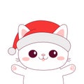 Cute cat. Merry Christmas. Red Santa Claus hat. White kitten. Contour line doodle pet. Smiling face, pink paw print. Kawaii animal