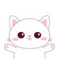 Cute cat. Merry Christmas. White kitten. Contour line doodle pet. Smiling face, pink paw print. Kawaii animal. Cartoon character.