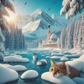 Cute cat in the middle of a snowy lake