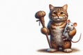 A cute cat with a mouse on his shoulder holds a rod like a chief. Space for text. Royalty Free Stock Photo