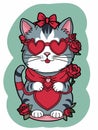 A cute cat with one red heart in its paws. wearing funny heart-shaped glasses. vector illustration