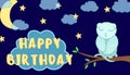 Cute cat owl fantasy adorable sleeping cartoon drawn animal, on night sky background with moon light and stars, for birthday