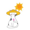 Cute cat in a panama hat eating ice cream. Children`s illustration in the doodle style. Hello Summer. Vector Royalty Free Stock Photo