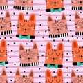 Cute cat pattern drawing colorful background seamless hand drawn. Funny objects decoration for baby and kids fashion textile print Royalty Free Stock Photo
