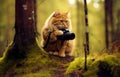 A cute cat photographer stands with a camera and takes pictures in the forest