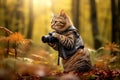 A cute cat photographer stands with a camera and takes pictures in the forest