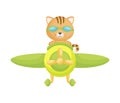 Cute cat pilot wearing aviator goggles flying an airplane. Graphic element for childrens book, album, scrapbook, postcard, mobile