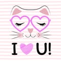 Cute cat in pink glasses and saying I love You.