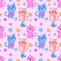 Cute cat play with butterfly in flowers garden seamless pattern. Royalty Free Stock Photo