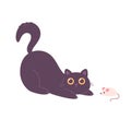 Cute cat playing with mouse toy. Domestic pets, feline activities. Home cat life. Vector illustration in flat style