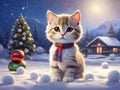 Cute cat playing outside on snow field with Christmas decorations. Royalty Free Stock Photo