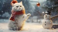 Cute cat playing outside on snow field with Snowman and Christmas decorations. Royalty Free Stock Photo