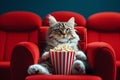 cute cat with pop corn at cinema, AI generated Royalty Free Stock Photo