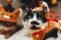 Cute cat portrait in reindeer costume at christmas lights. Two cats dressed in festive clothes