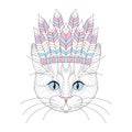 Cute cat portrait with war bonnet on head. Hand drawn kitty face