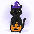 Cute cat and pumpkin hand drawn cartoon Halloween illustration Royalty Free Stock Photo