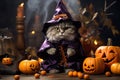 Cute cat and pumpkins on Halloween, little funny pet in witch costume