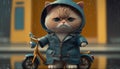 Cute cat in a raincoat and a cap sits on a motorcycle.