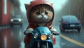 Cute cat in a raincoat riding a motorcycle on the road.