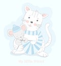 Cute cat and rat cartoon knitting scarf. Hand drawn style