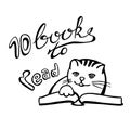 Cute Cat reading a book. 10 books to read - lettering image. Notebook sticker, planing, list making