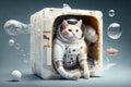 Cute Cat in Recycled Jumpsuit Presents Gift: Vibrant 3D Rendering