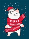 Cute cat in red scarf, merry Christmas and happy new year, with snow falling in background, idea for greeting card Royalty Free Stock Photo