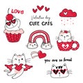 Cute cat Red Valentine day cartoon vector collection, valentine clipart set, doodle cat drawing in red Royalty Free Stock Photo