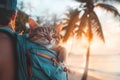 Cute cat relaxing in a backpack during sunset on tropical beach with palm trees. Close-up Royalty Free Stock Photo