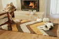 Cute cat relaxing on cozy blanket and rug at fireplace. Portrait of adorable kitty lying at warm fireplace in rustic farmhouse. Royalty Free Stock Photo