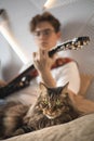 Cute cat relaxing near male playing electric guitar art hobby on couch at home Royalty Free Stock Photo