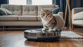Cute cat, robot vacuum cleaner at home funny concept