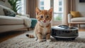 Cute cat, robot vacuum cleaner at home funny concept comfort
