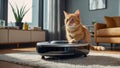 Cute cat, robot vacuum cleaner at home funny concept comfort interior
