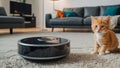 Cute cat, robot vacuum cleaner at home funny concept comfort interior house