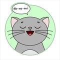 Cute Cat, Round Icon, Emoji. Gray Cat With A Mustache Smiles, Singing Do-re-mi. Cloud Conversation, Bubble Speech. Lettering,