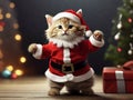 Cute cat with Santa Claus dressing is dancing and smiling