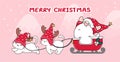 Cute cat and Santa in sleigh for Christmas day and New year. Winter concept. Doodle cartoon style, Draw illustration banner Royalty Free Stock Photo