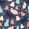 Cute cat seamless pattern with colorful nursery background for fashion textile wrapping and print. Vector illustration hand drawn Royalty Free Stock Photo