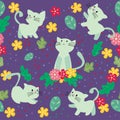 Cute Cat seamless pattern with flower on colorful background Vector illustration.Cartoon style