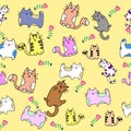 Cute cat seamless pattern with flower on colorful background Vector illustration.Doodle Cartoon style