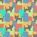 Cute Cat seamless pattern. Gray animals on a background of colored rectangles . Hand-drawn vector background for fabric, paper