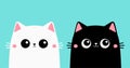 Cute cat set. Sad smiling black white kitten head face. Pink ears, cheeks. Kawaii cartoon funny baby character. Happy Halloween.