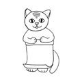 Cute cat with sheet of paper hand drawn doodle vector icon, scandinavian, monochrome, coloring book, place for text. card, sticker Royalty Free Stock Photo