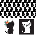 Cute cat silhouettes isolated vector illustration set. Repeating seamless animal pattern black white. Kitten with Royalty Free Stock Photo