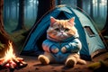 cute cat sits in the evening by the fire in the forest
