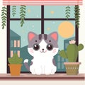 Cute cat sits on the windowsill among flower pots,Outside the window is the evening, the moon, the stars, houses.